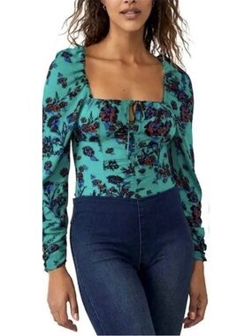 NWOT FREE PEOPLE Hilary‎ Green Floral Puff Sleeve Square Neck Top Sz. Small